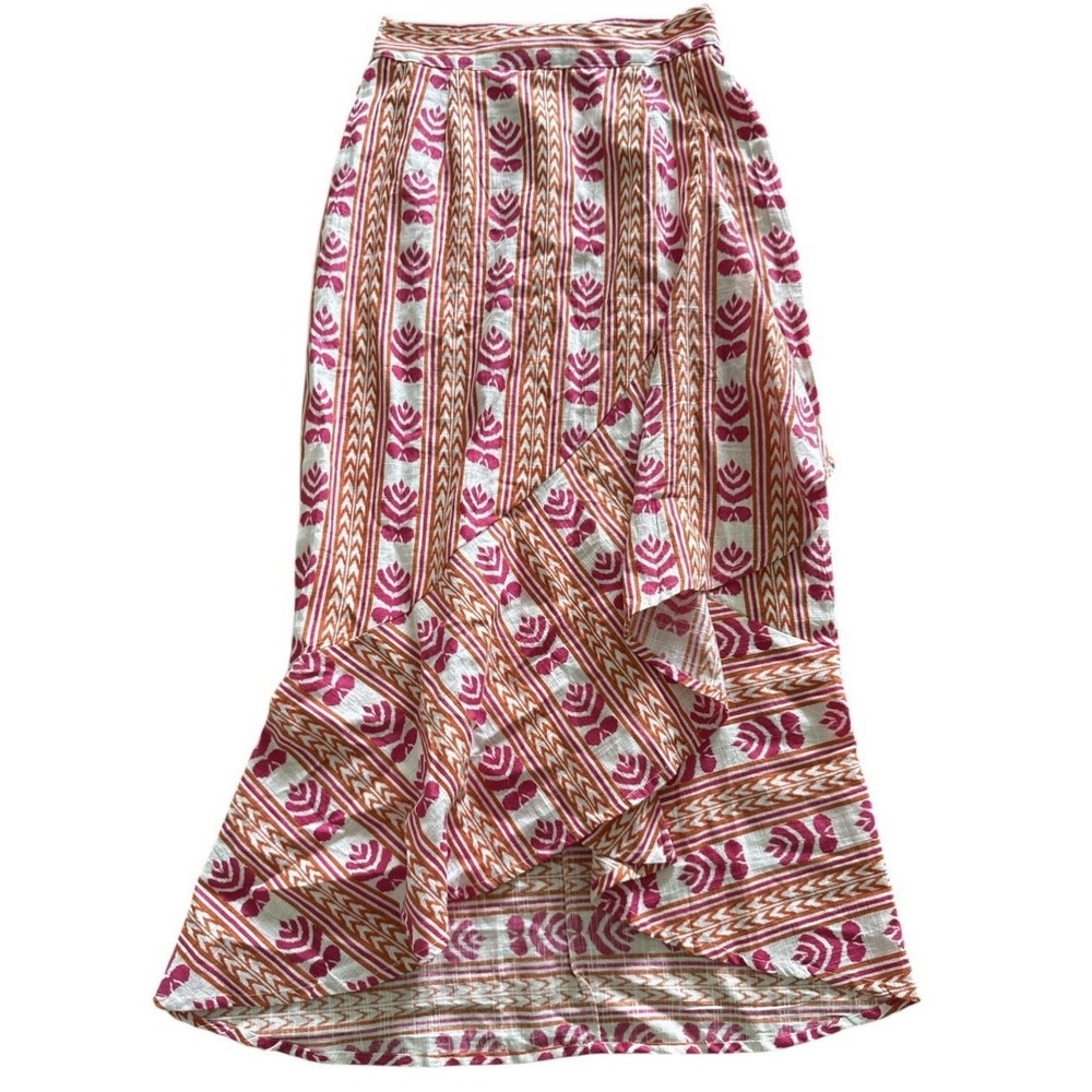Julia Amory Midi Skirt Womens XS Pink Orange Block Print India High Low Ruffle